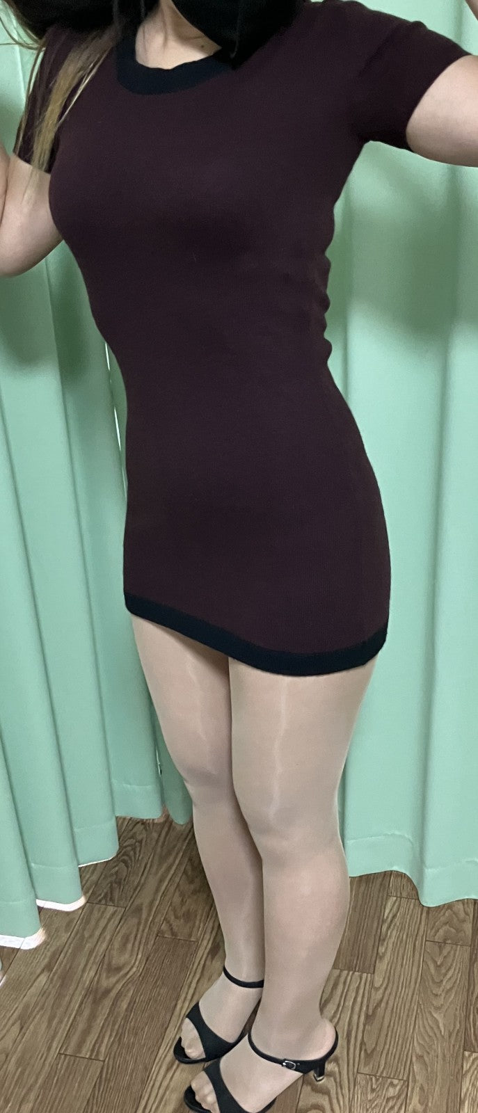 CHANEL Cashmere Knit Dress Burgundy ﾃ・Black