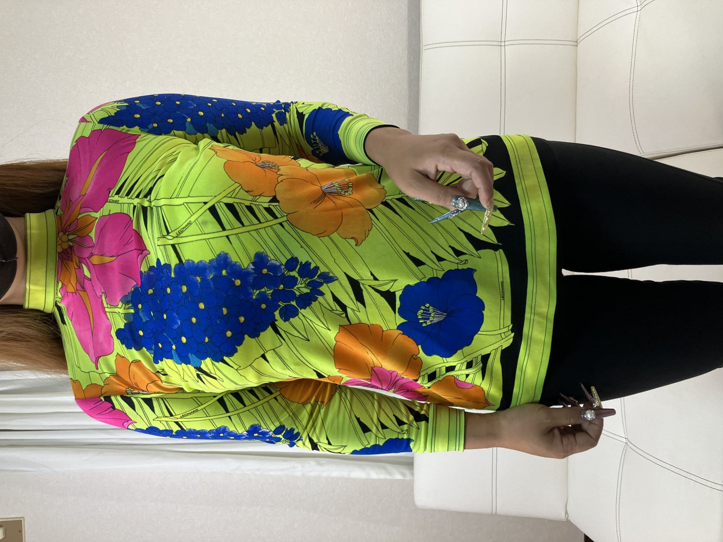 LEONARD Paris Floral Print Stretch High Neck Long Sleeve Top Polyamide