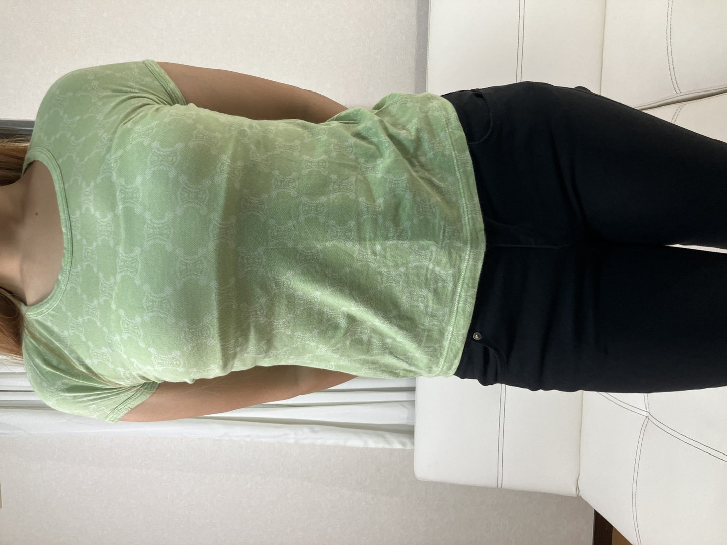 CELINE Macadam Monogram Stretch T Shirt Green Short Sleeve Women's Top