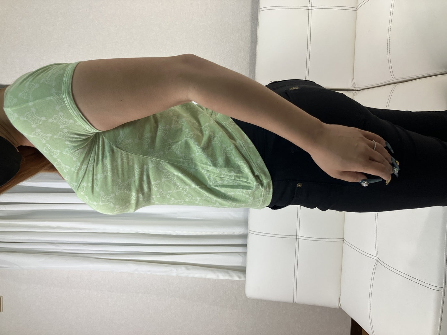 CELINE Macadam Monogram Stretch T Shirt Green Short Sleeve Women's Top