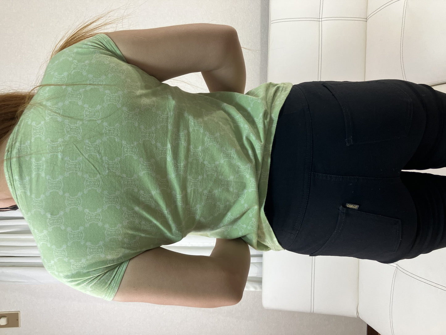 CELINE Macadam Monogram Stretch T Shirt Green Short Sleeve Women's Top