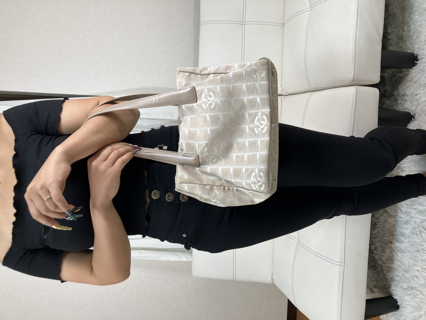 CHANEL New Travel Line Tote Bag, Handbag, Beige, COCO Mark Jacquard Leather, Made in France, with Serial Seal, Women's.