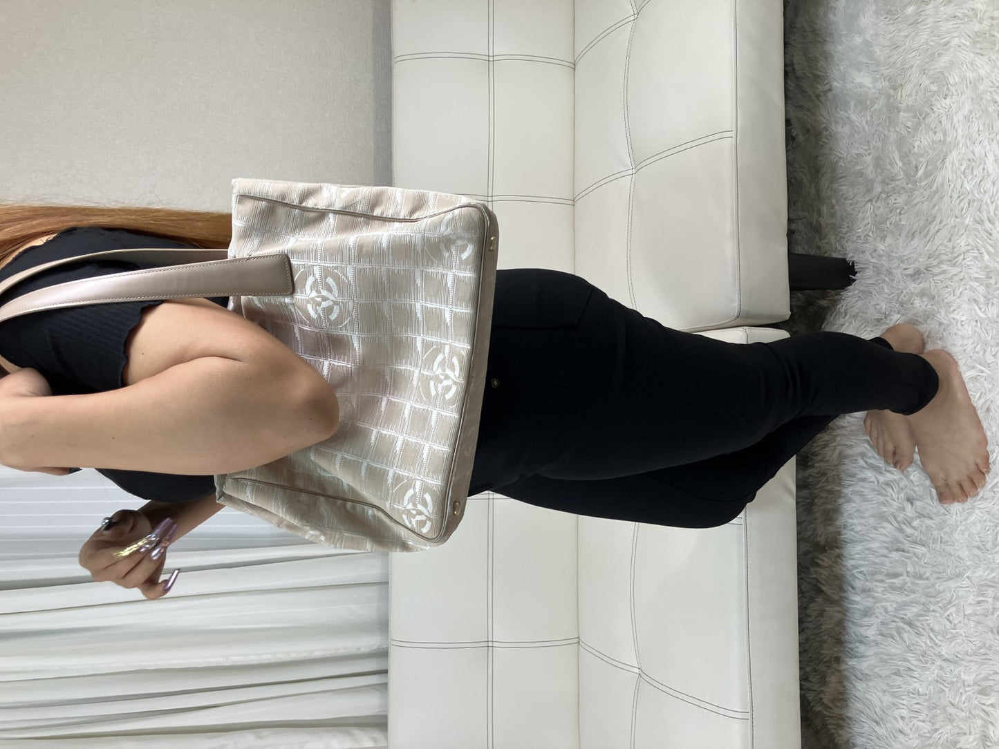 CHANEL New Travel Line Tote Bag, Handbag, Beige, COCO Mark Jacquard Leather, Made in France, with Serial Seal, Women's.