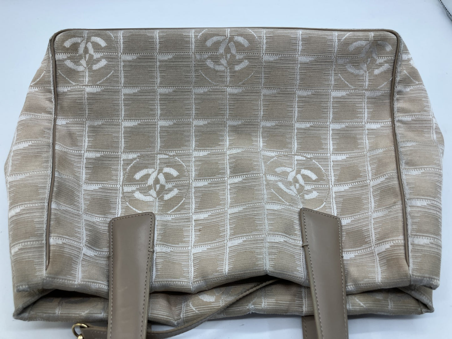 CHANEL New Travel Line Tote Bag, Handbag, Beige, COCO Mark Jacquard Leather, Made in France, with Serial Seal, Women's.