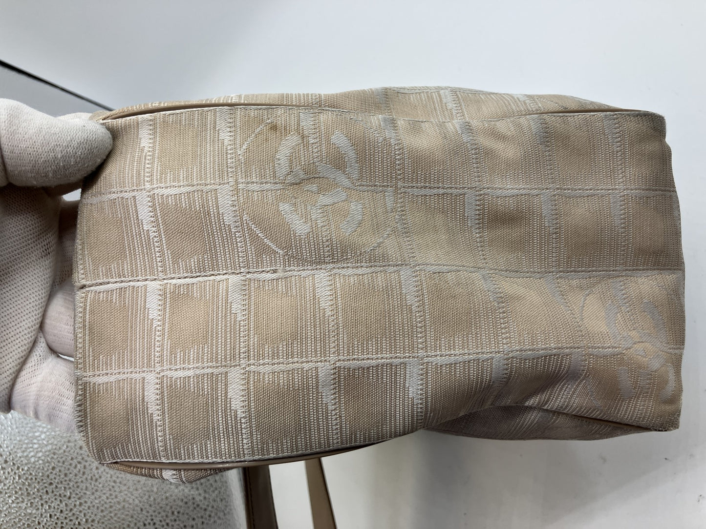 CHANEL New Travel Line Tote Bag, Handbag, Beige, COCO Mark Jacquard Leather, Made in France, with Serial Seal, Women's.