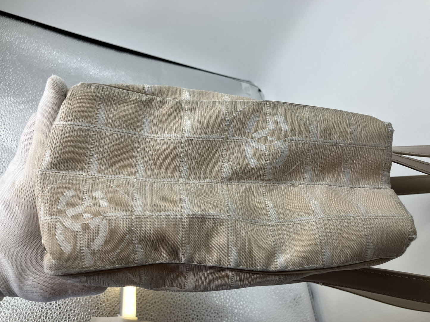 CHANEL New Travel Line Tote Bag, Handbag, Beige, COCO Mark Jacquard Leather, Made in France, with Serial Seal, Women's.