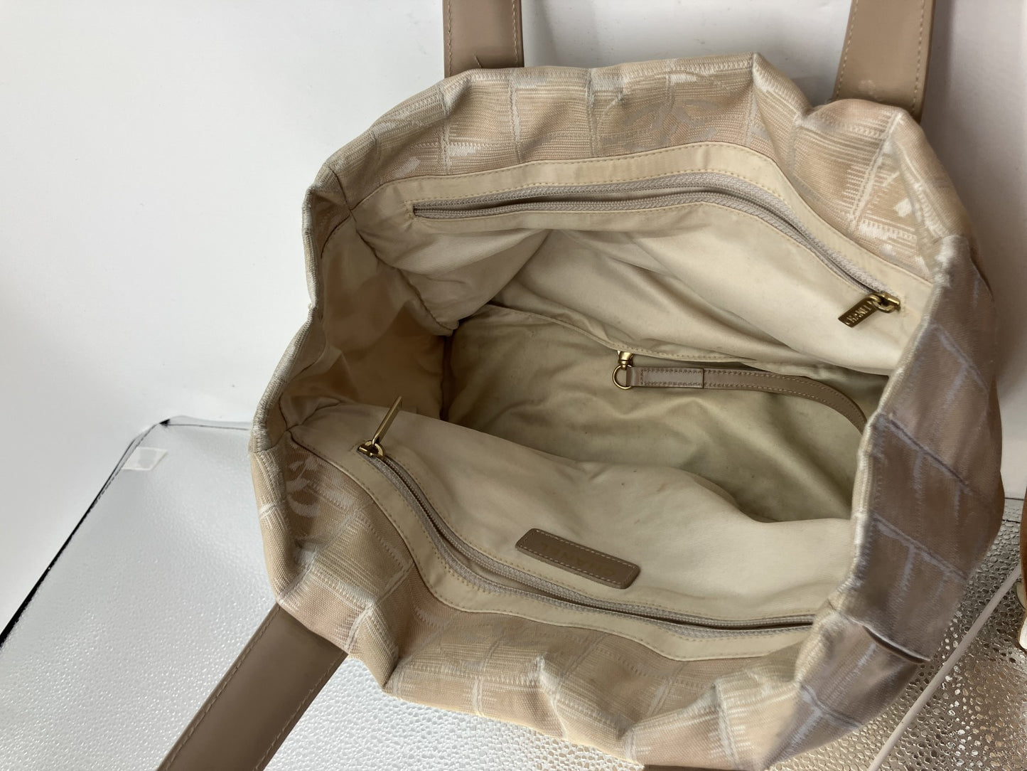 CHANEL New Travel Line Tote Bag, Handbag, Beige, COCO Mark Jacquard Leather, Made in France, with Serial Seal, Women's.