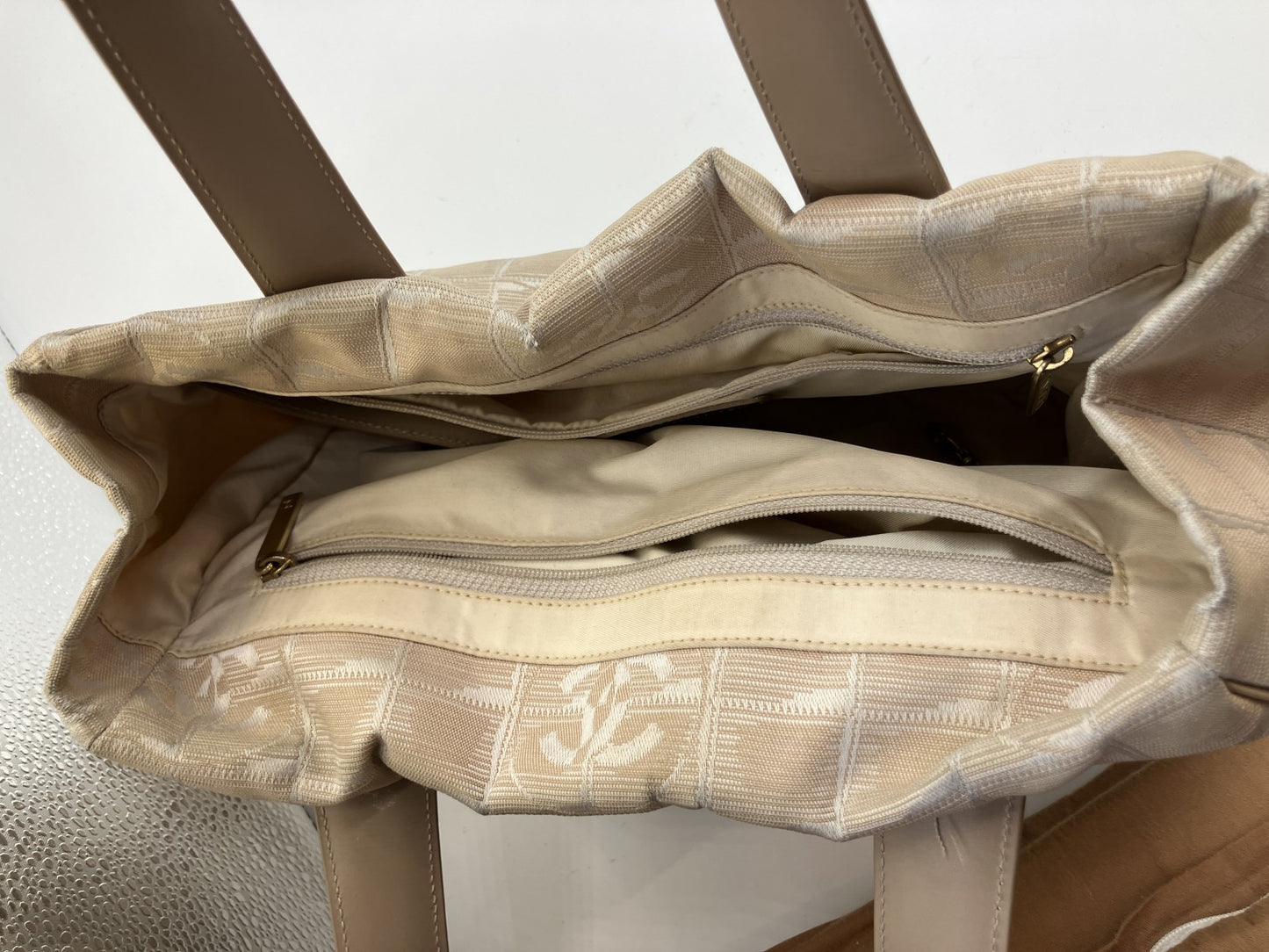 CHANEL New Travel Line Tote Bag, Handbag, Beige, COCO Mark Jacquard Leather, Made in France, with Serial Seal, Women's.