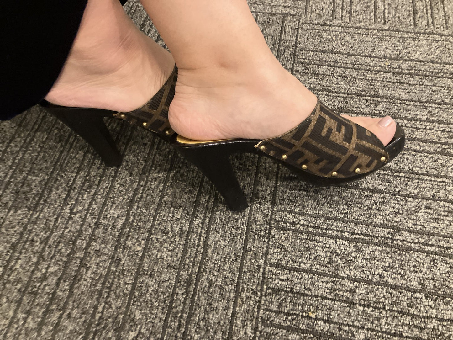 FENDI Zucca Logo Mule Heels Sandals Brown Black EU38 US7.5 JP24.1 Try-On Pics