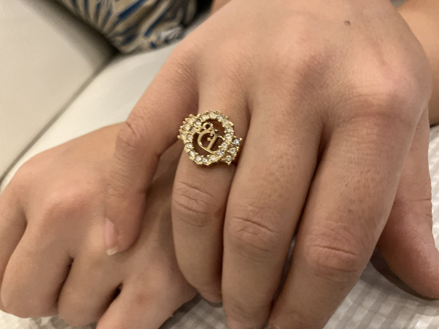 Christian Dior CD Logo Rhinestone Ring Gold Tone Germany US 7 EU 54