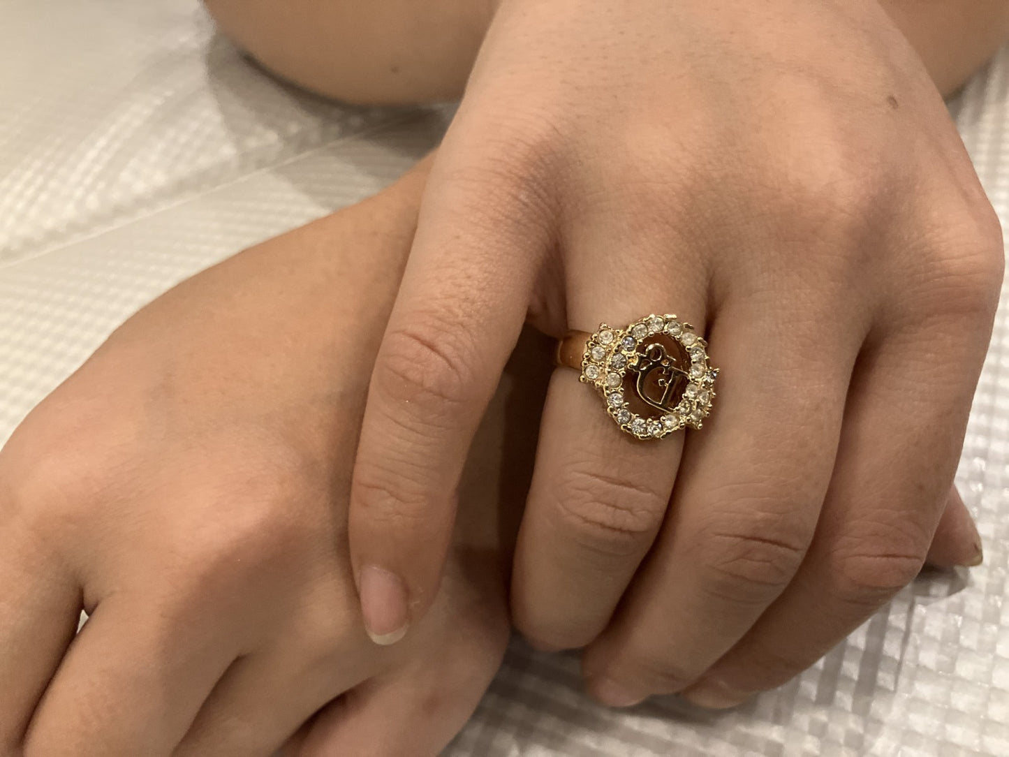 Christian Dior CD Logo Rhinestone Ring Gold Tone Germany US 7 EU 54