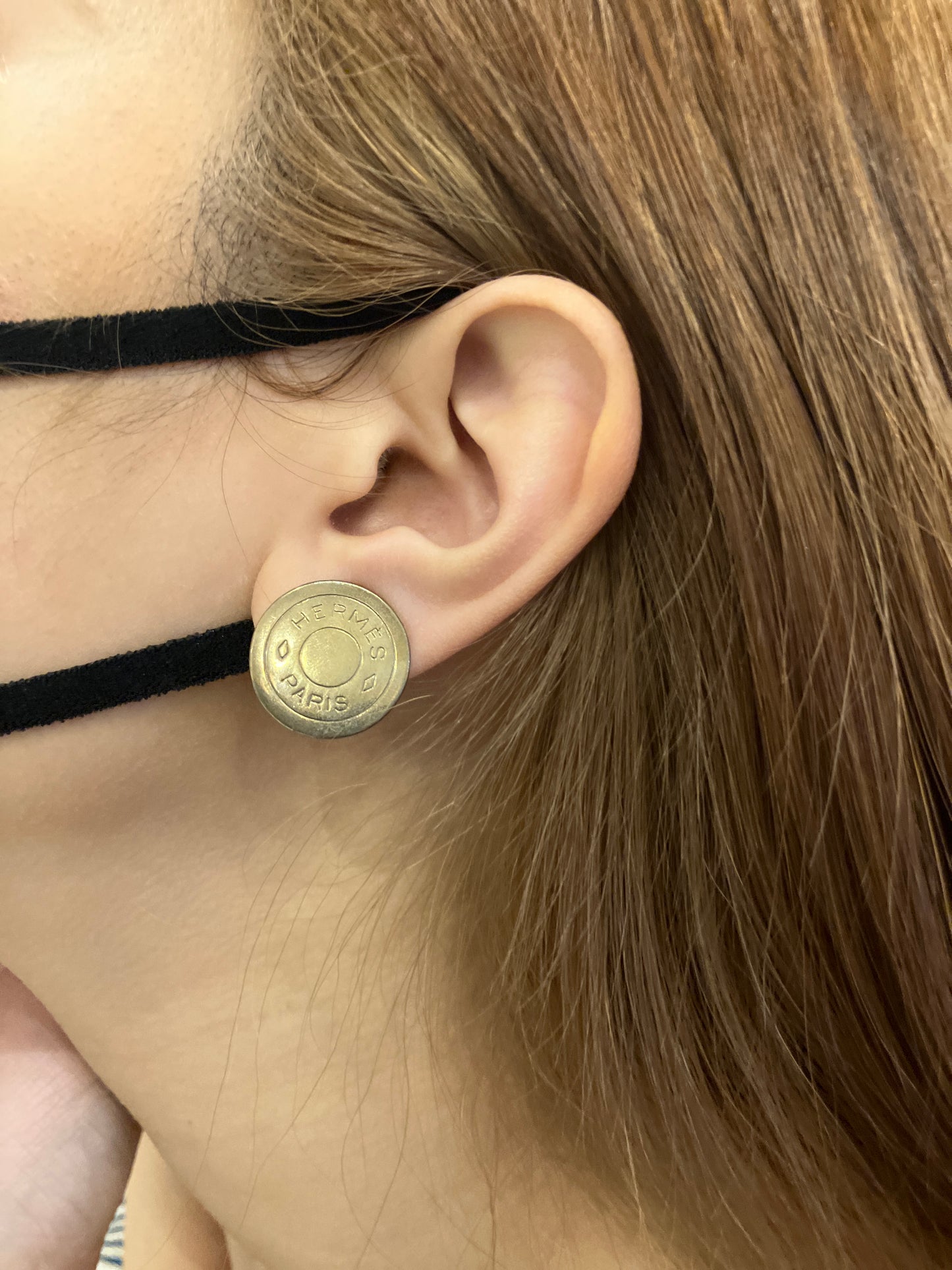 HERMES Sellier Clip-On Earrings Gold Tone Round Logo 20mm Bijouterie Fantaisie