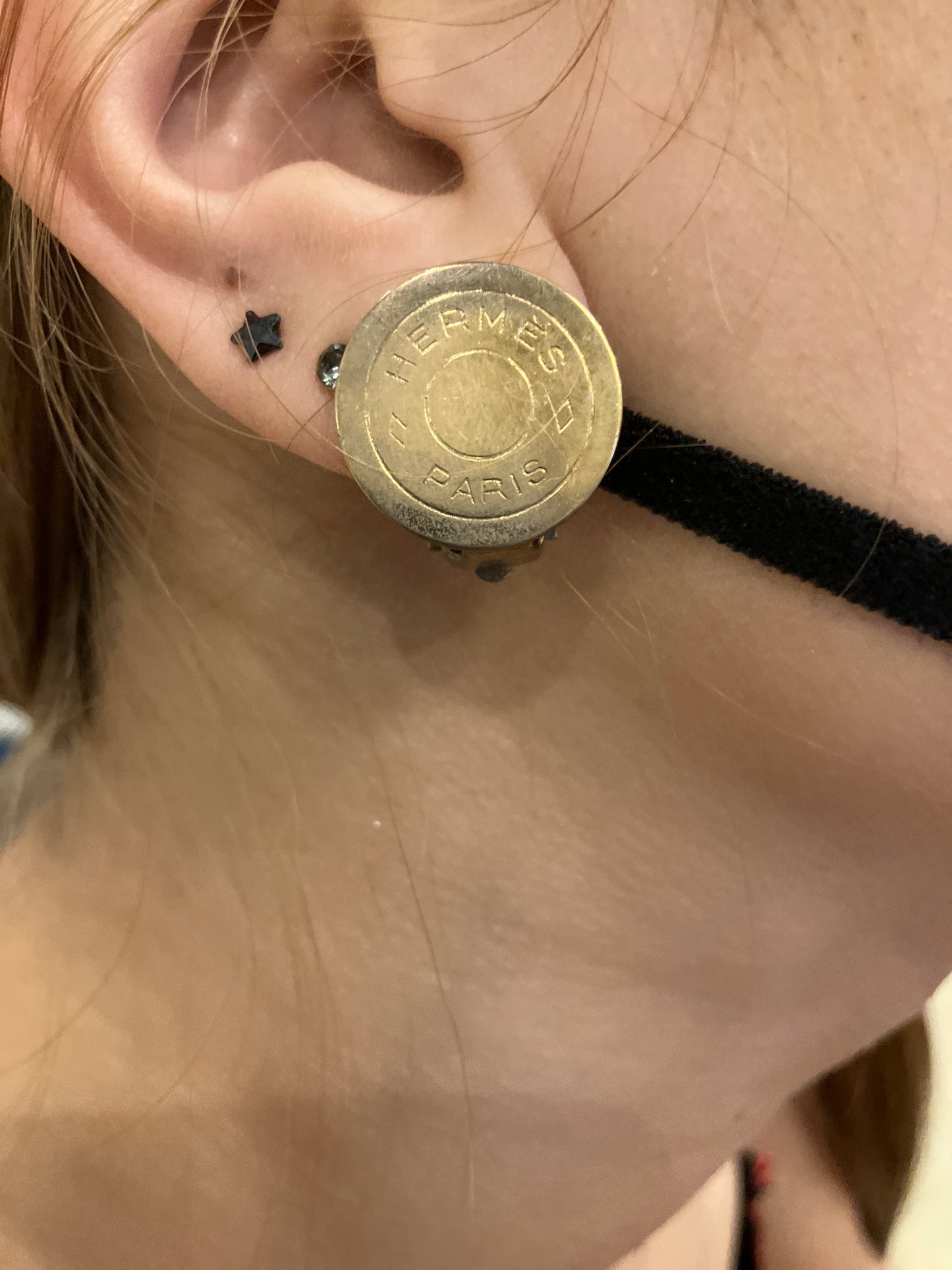 HERMES Sellier Clip-On Earrings Gold Tone Round Logo 20mm Bijouterie Fantaisie