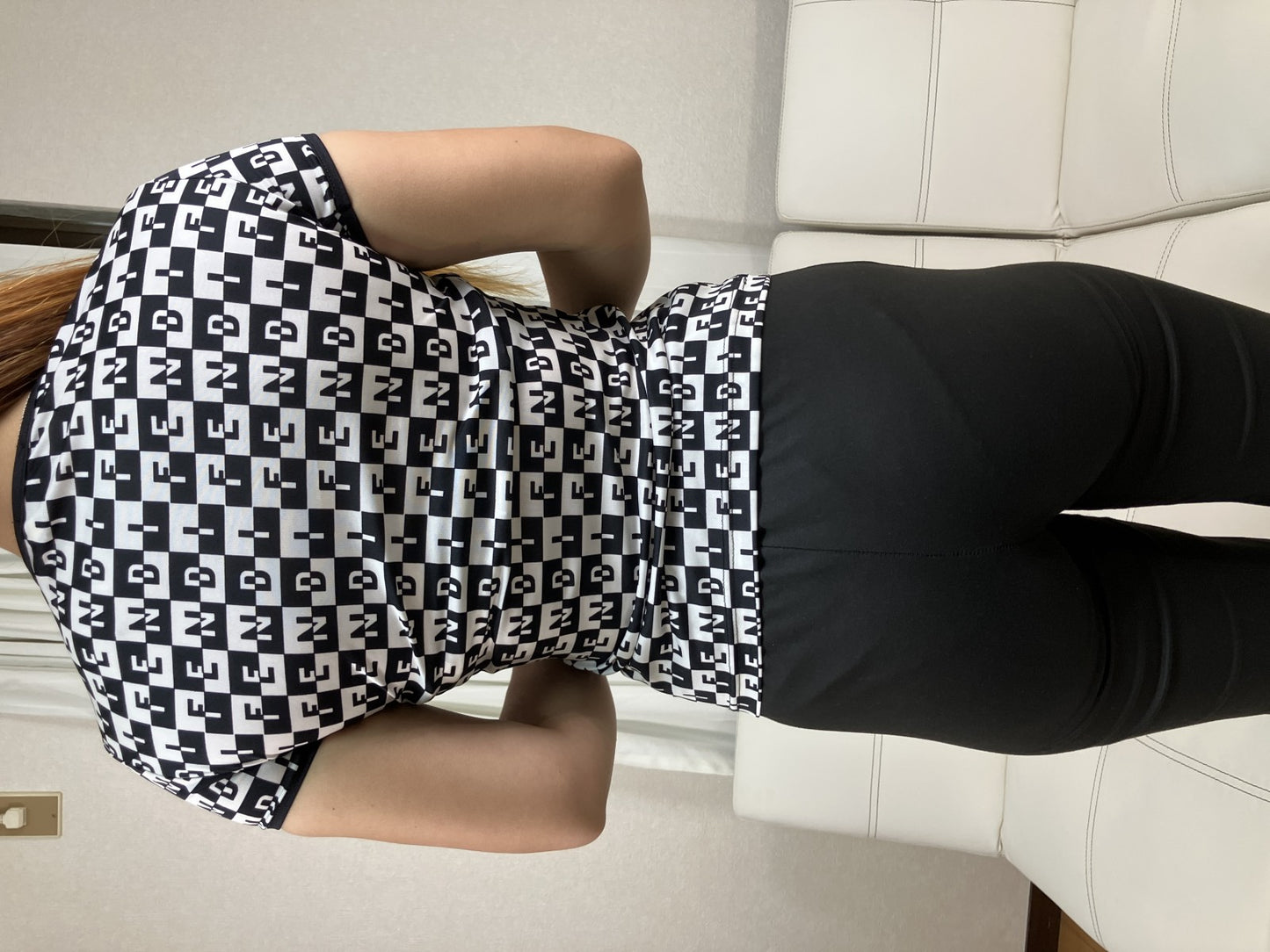 FENDI Checker Logo Print Stretch Short Sleeve T-Shirt Top Women's Size 40 Italy