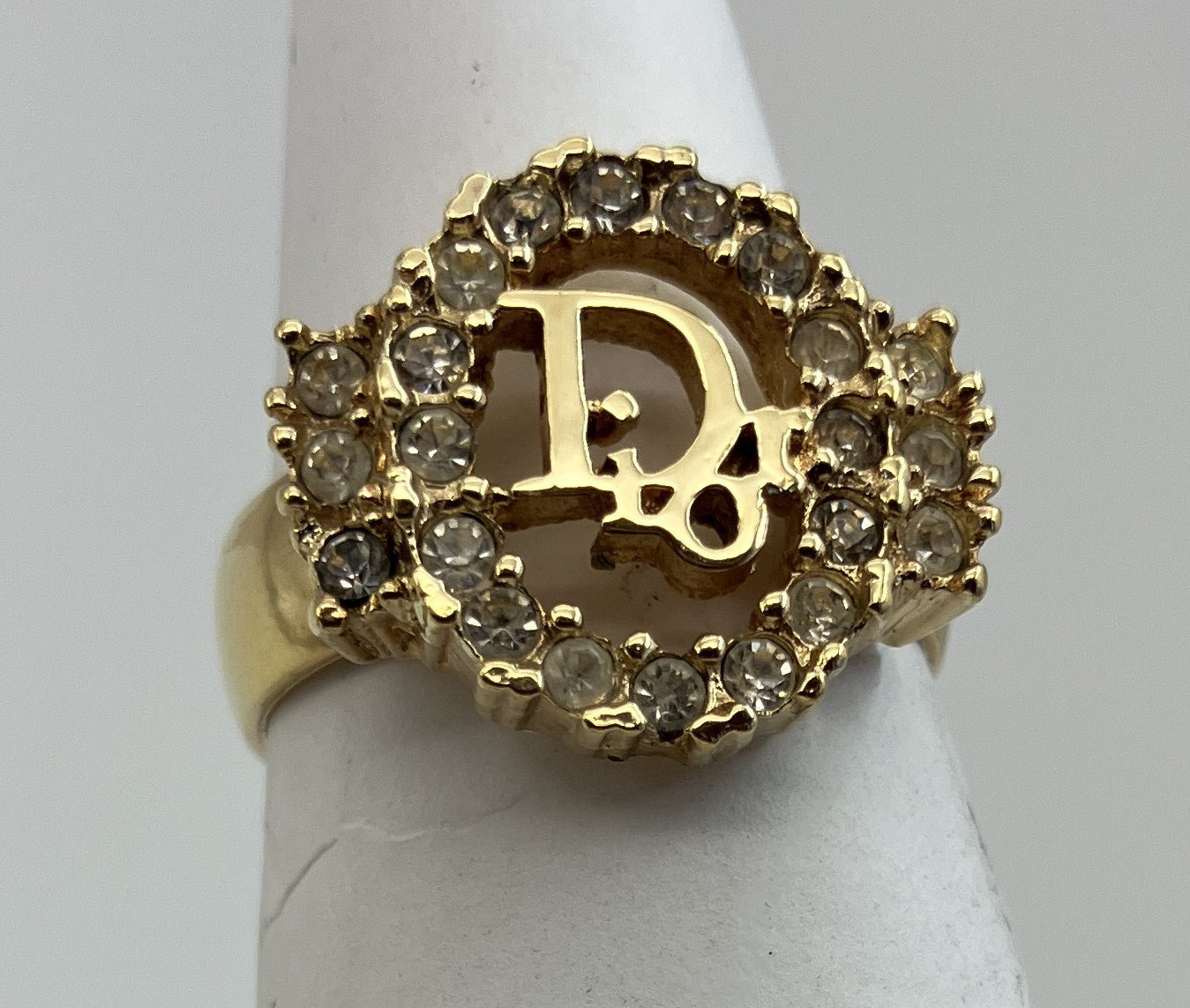 Christian Dior CD Logo Rhinestone Ring Gold Tone Germany US 7 EU 54
