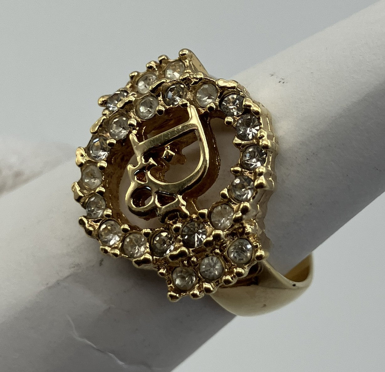 Christian Dior CD Logo Rhinestone Ring Gold Tone Germany US 7 EU 54