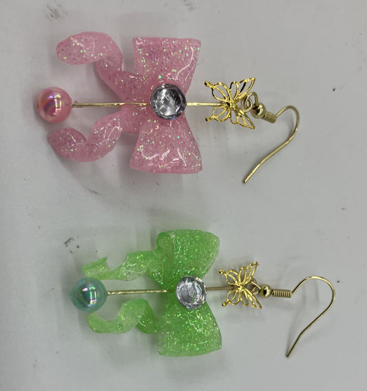 Original Handmade Ribbon Dangle Earrings Glitter Resin Kawaii Made in Japan