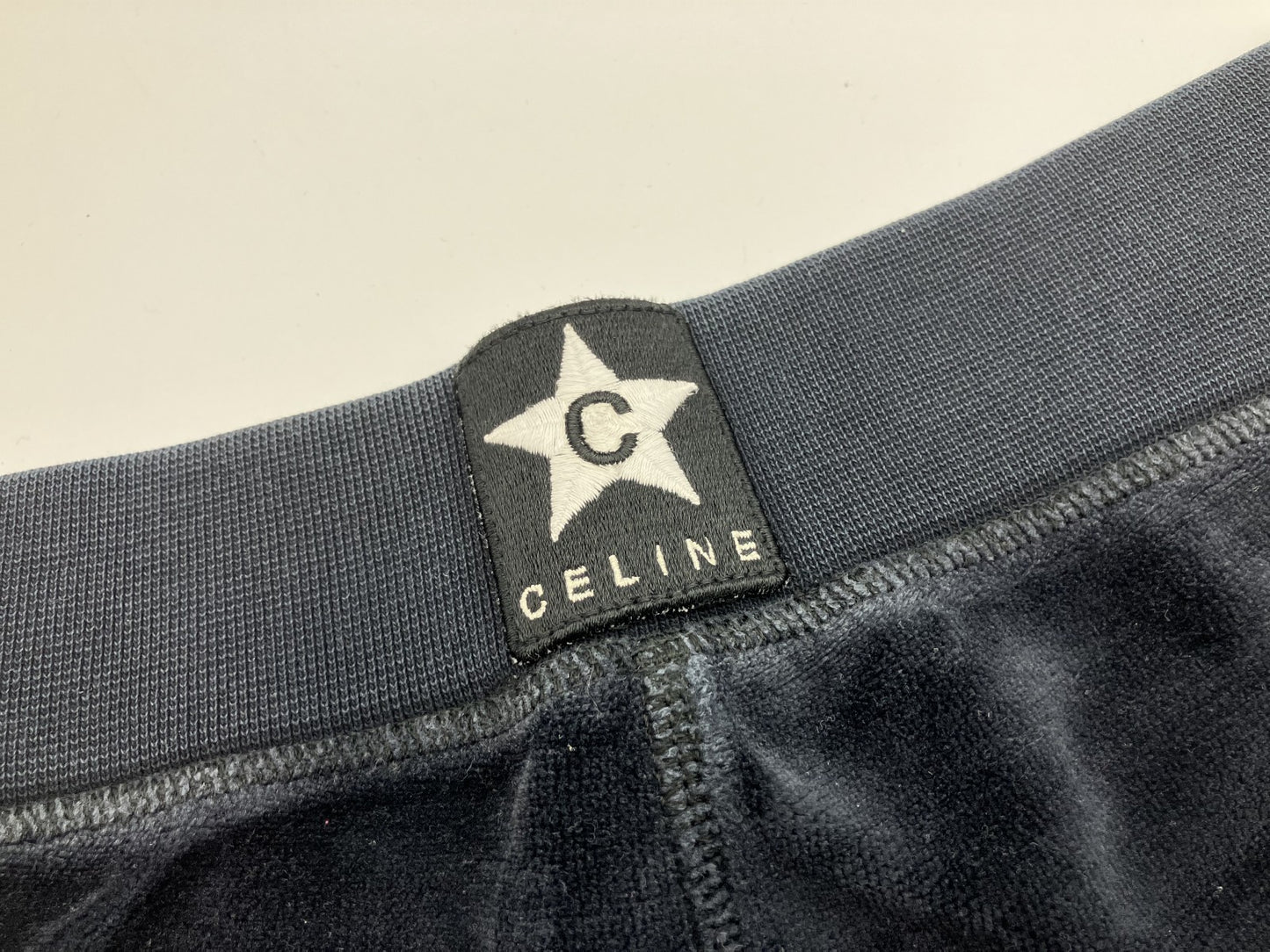 CELINE Velvet Slim Pants Navy Size M | Model Wearing | 33cm Waist / 88cm Length