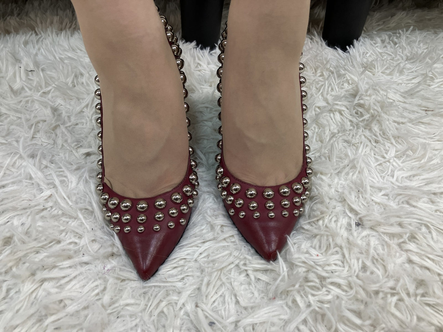 RED VALENTINO Studded Leather Pumps Burgundy Pointed Toe Heels EU35 US5 Italy