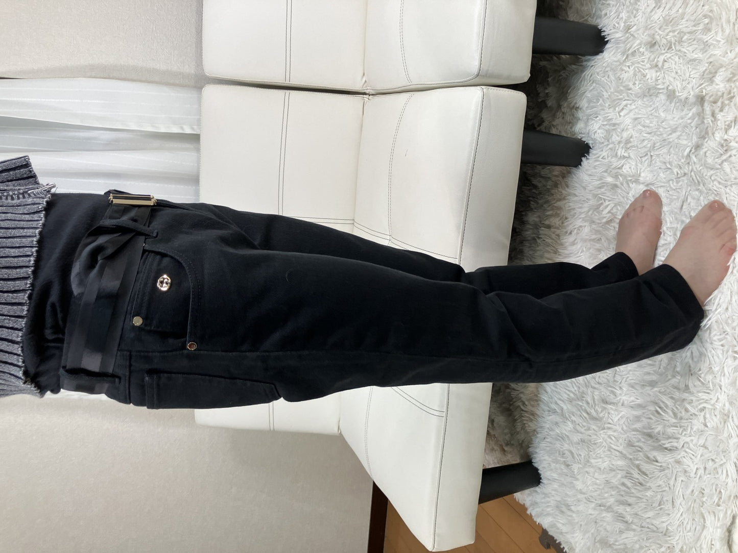GUCCI Black Cotton Pants GG Logo Satin Belt Size 38 Women's Made in Italy