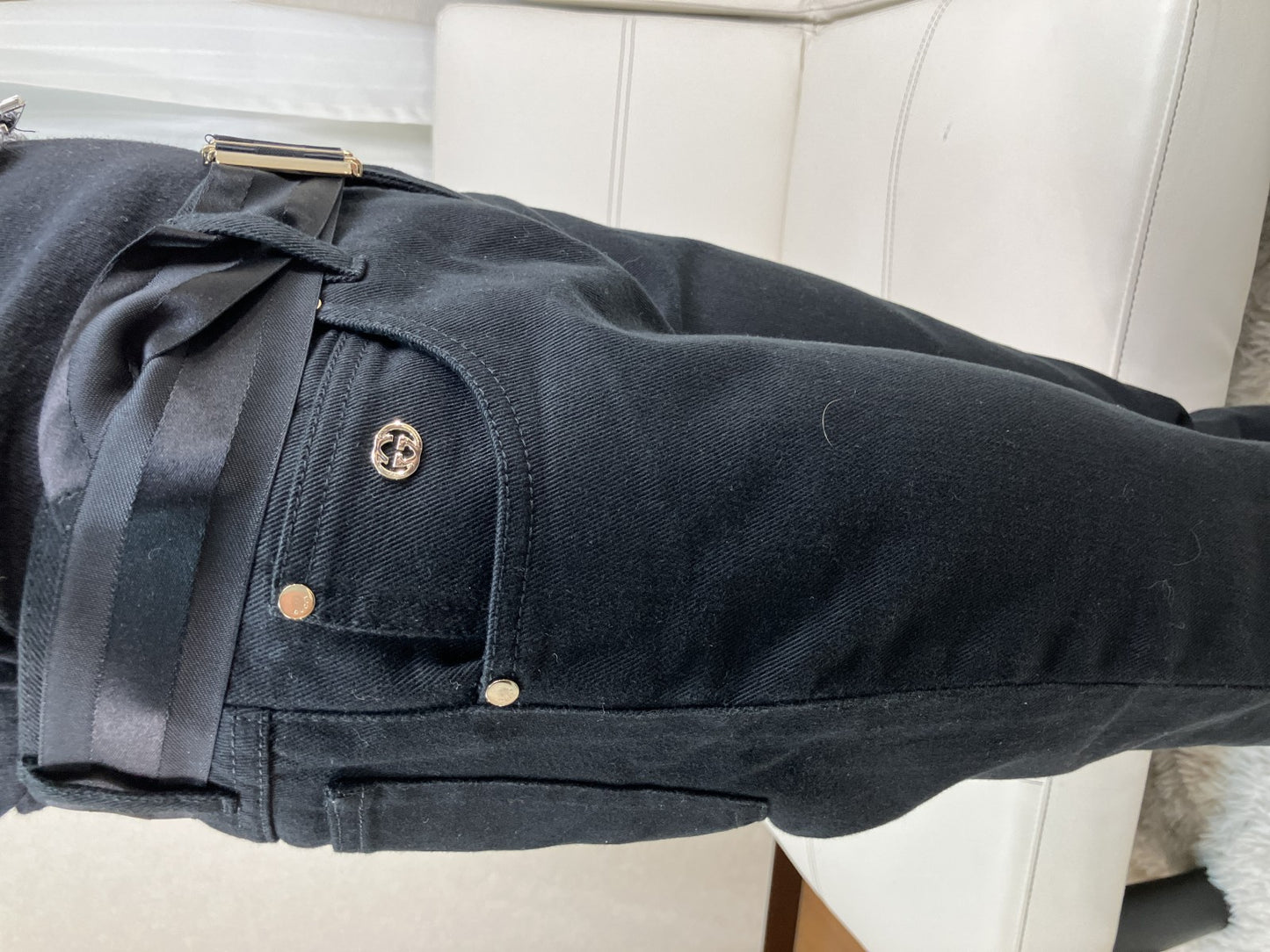 GUCCI Black Cotton Pants GG Logo Satin Belt Size 38 Women's Made in Italy