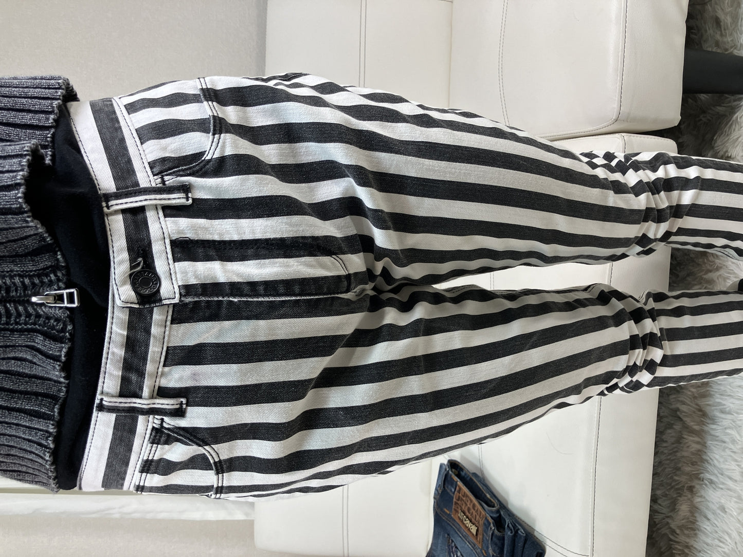 DOLCE & GABBANA Striped Stretch Denim Skinny Pants Black White Size 38 Italy