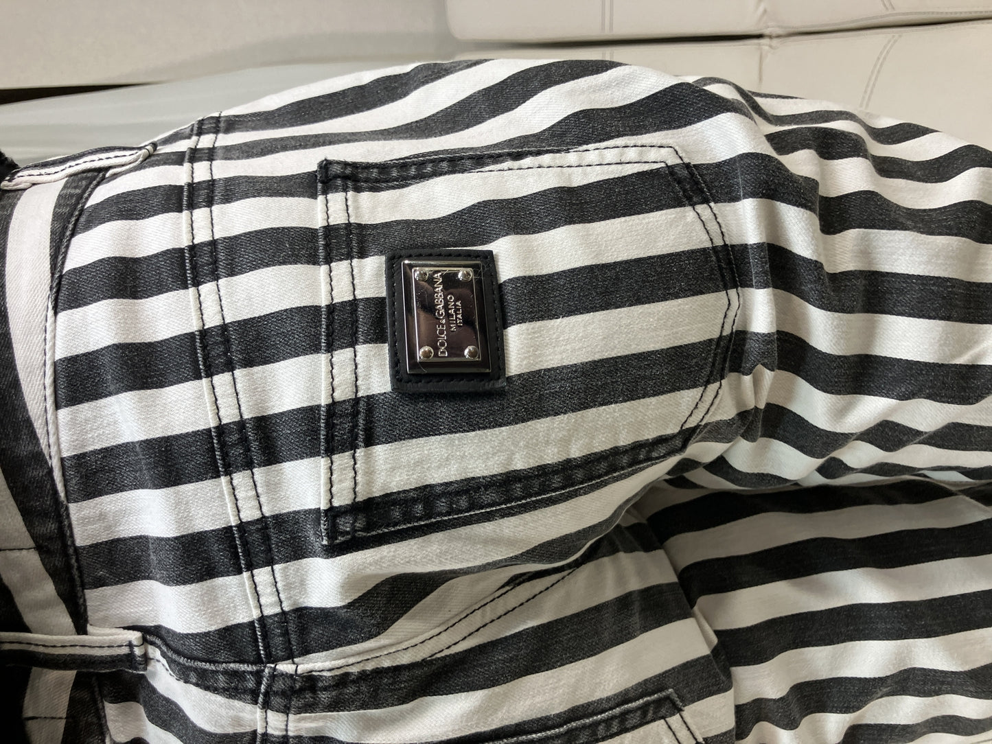 DOLCE & GABBANA Striped Stretch Denim Skinny Pants Black White Size 38 Italy