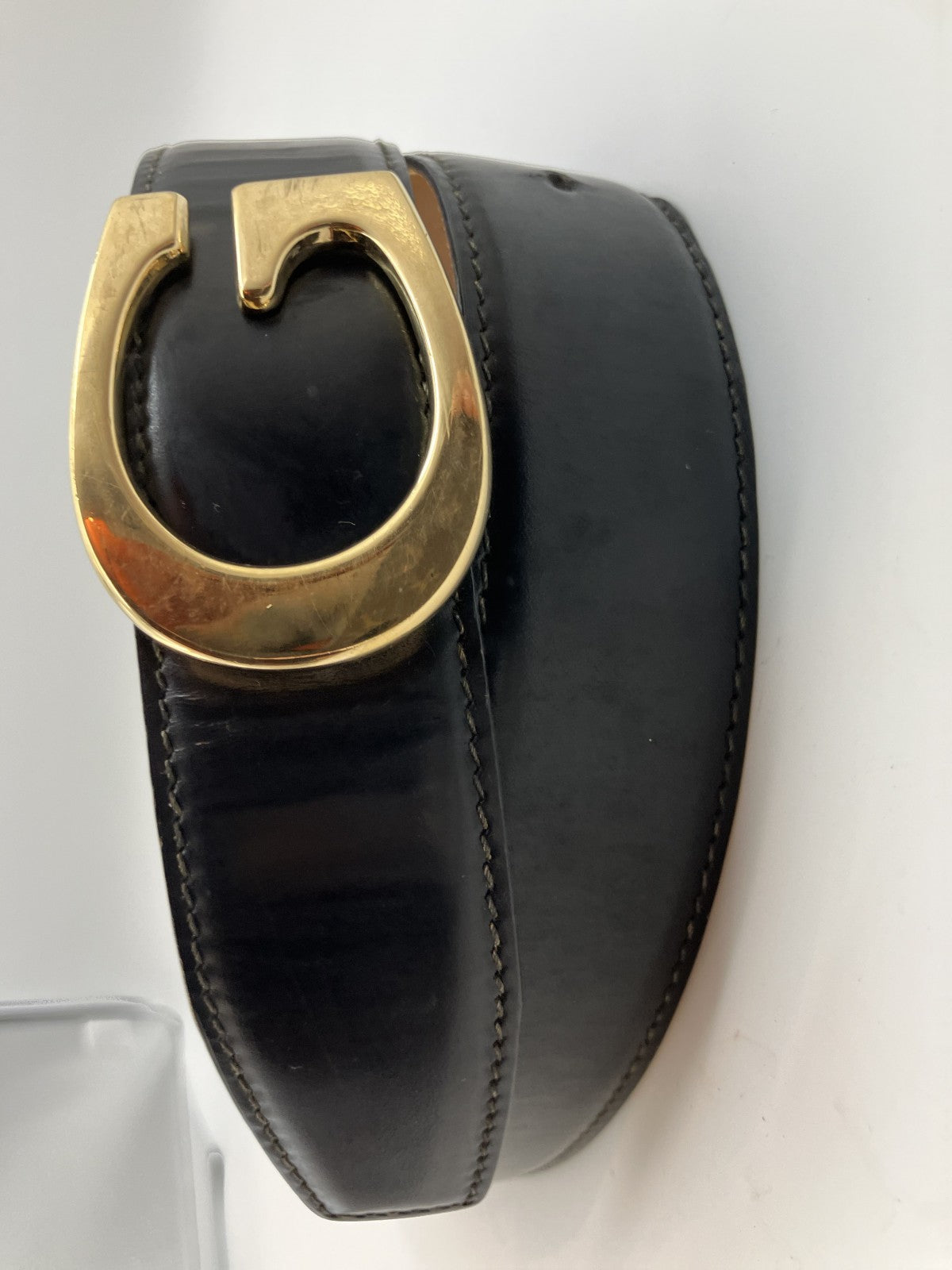 GUCCI Logo Belt Total Length 88cm (34.65 inch) Width 3.5cm (1.38 inch) Black &amp; Gold Free Shipping 