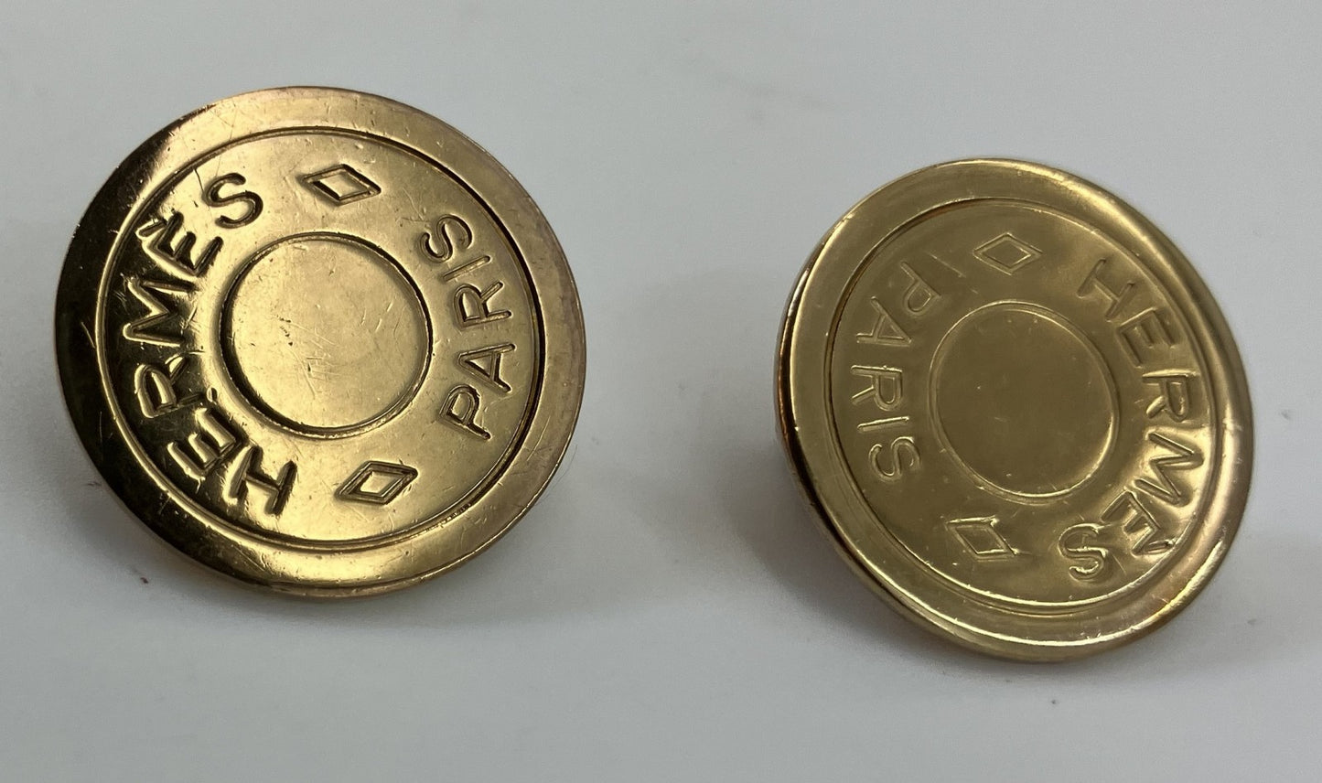 HERMES Clip On Earrings Gold Round Logo 2cm Vintage Bijouterie Fantaisie