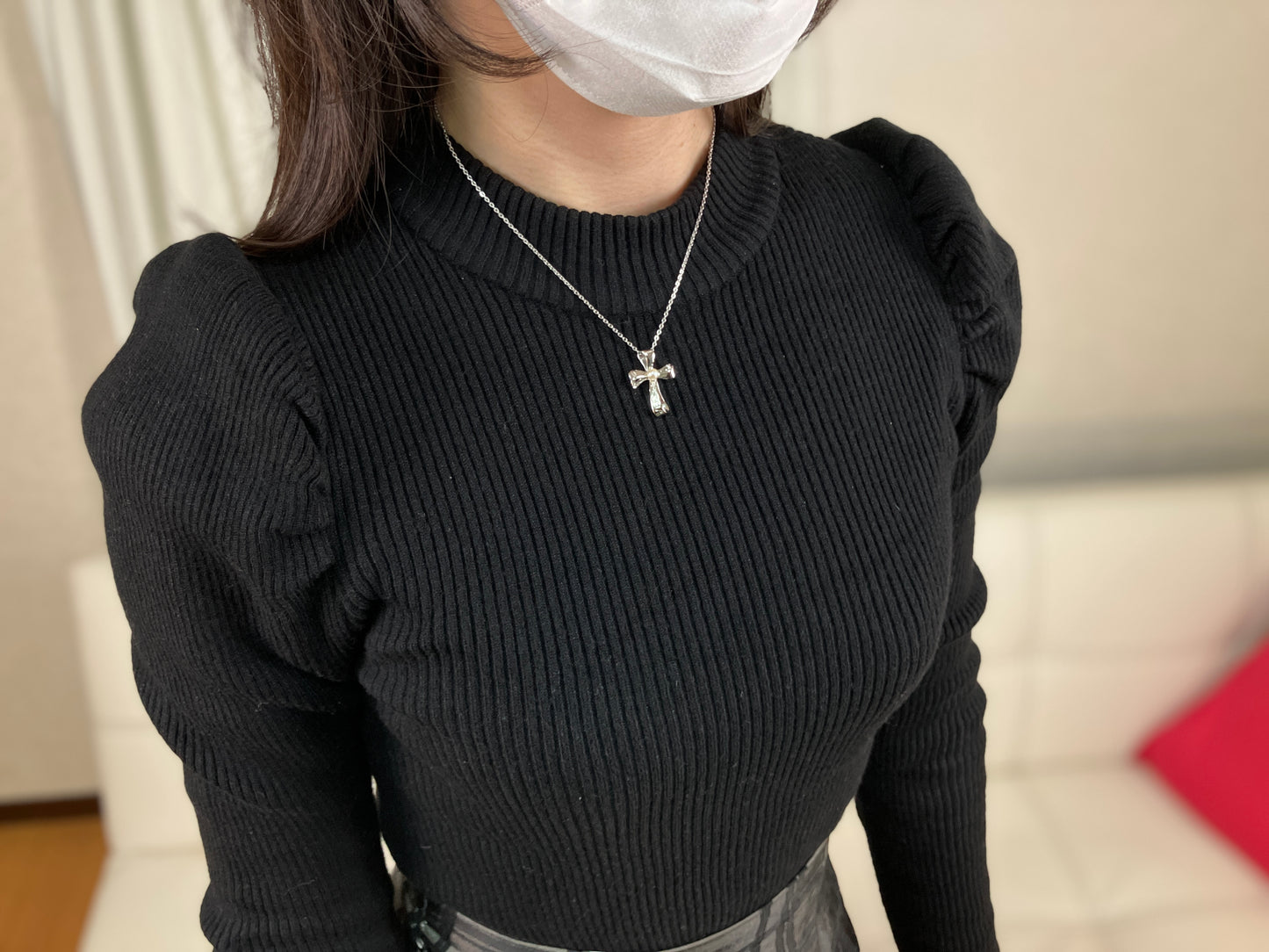 MIKIMOTO Silver Cross Pendant Necklace Cultured Pearl 4.1mm Chain 40cm Authentic
