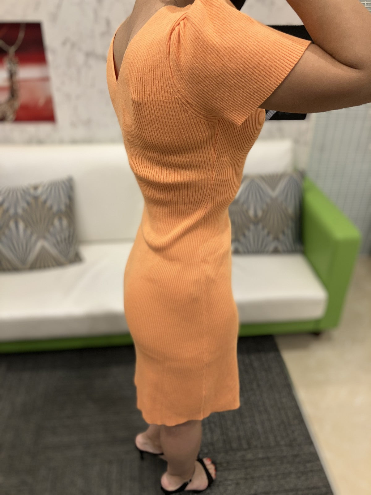 CHILLE Rib Knit Dress, Orange, V-Neck, Short Sleeves, Tight Fit, Stretch, One Size Fits All