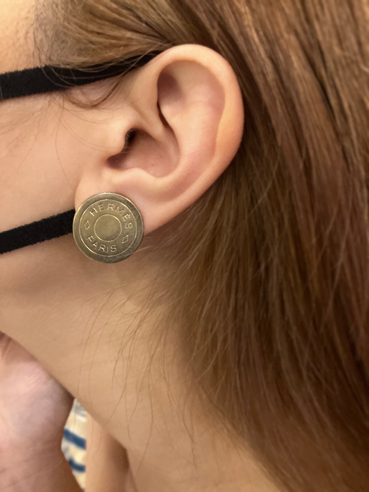 HERMES Sellier Clip-On Earrings Gold Tone Round Logo 20mm Bijouterie Fantaisie