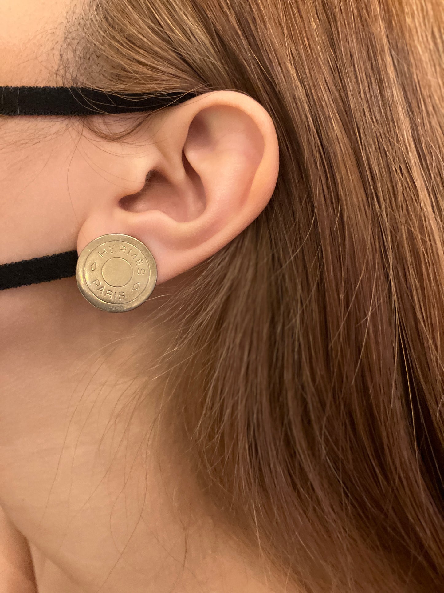 HERMES Sellier Clip-On Earrings Gold Tone Round Logo 20mm Bijouterie Fantaisie