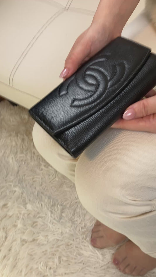 CHANEL Coco Mark Long Wallet Black Caviar Leather 18.5×10.5cm w/ Card – Snap Missing