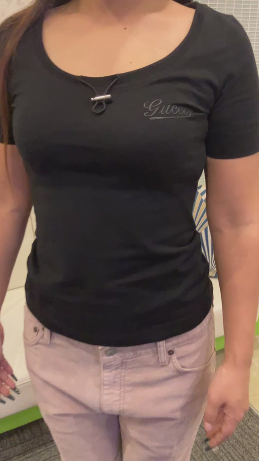 GUCCI Drawstring Neck Logo T-Shirt Black XS Made in Italy