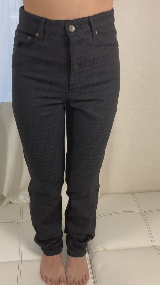 FENDI Jeans Zucca FF Monogram Black Jacquard Pants Women's Size 46 Italy