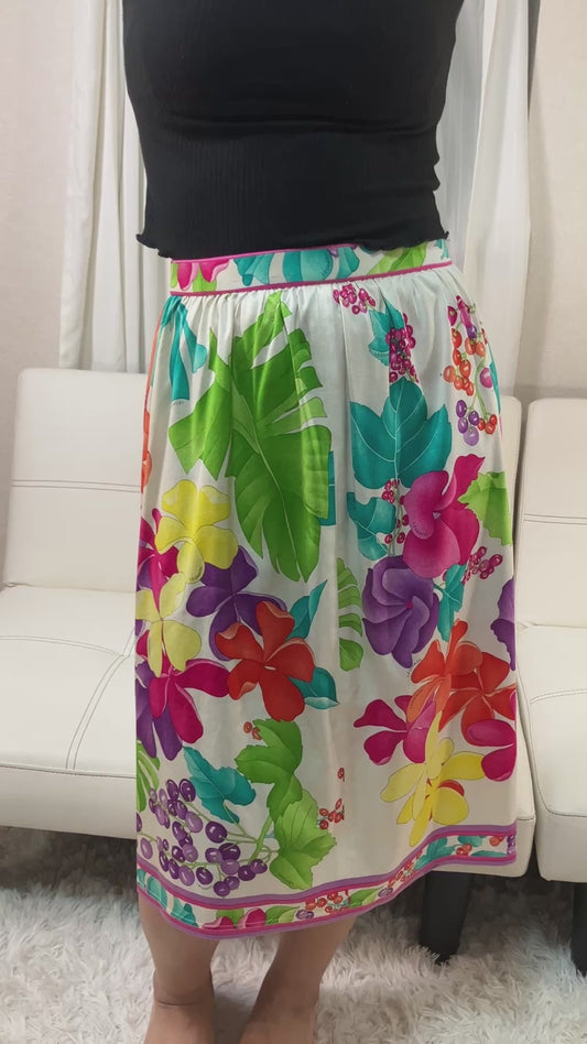 LEONARD Paris Floral Tropical Print Skirt Cotton Lined Waist 69 Japan