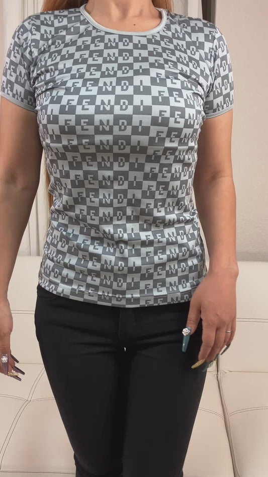 FENDI Logo Print Stretch T Shirt Top Gray Size 44 Women's Short Sleeve