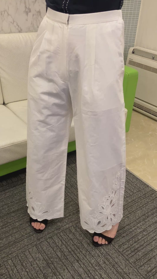 GRACE CONTINENTAL White Pants Size 36 Cotton Silk Embroidered Wide Leg