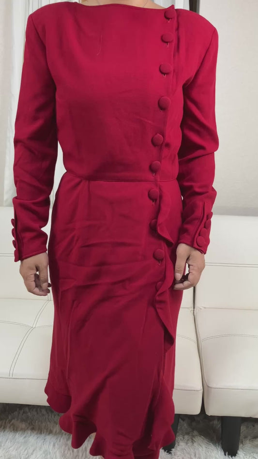 Valentino Garavani Boutique Red Long Dress Size 8 Italy Ruffle Button Vintage