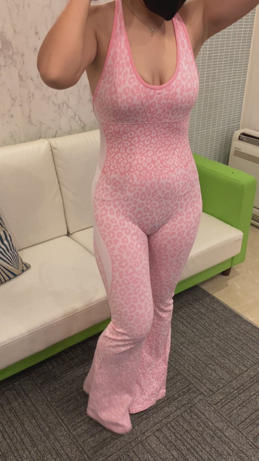 Pink Leopard Jumpsuit Catsuit Halter Cross Back Open Back Flare Leg Pads S