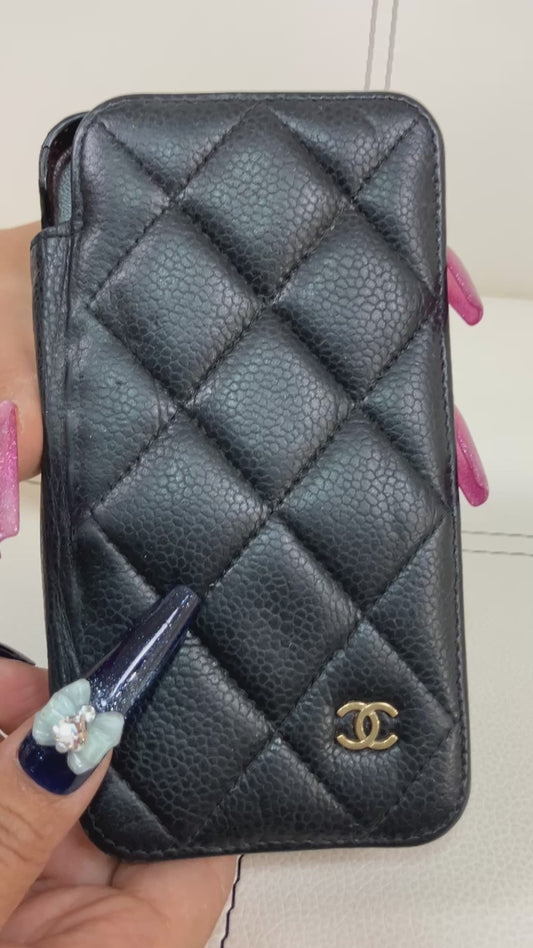 CHANEL Matelasse Caviar Leather iPhone 12 13 14 15 Wallet Case Black 31XX