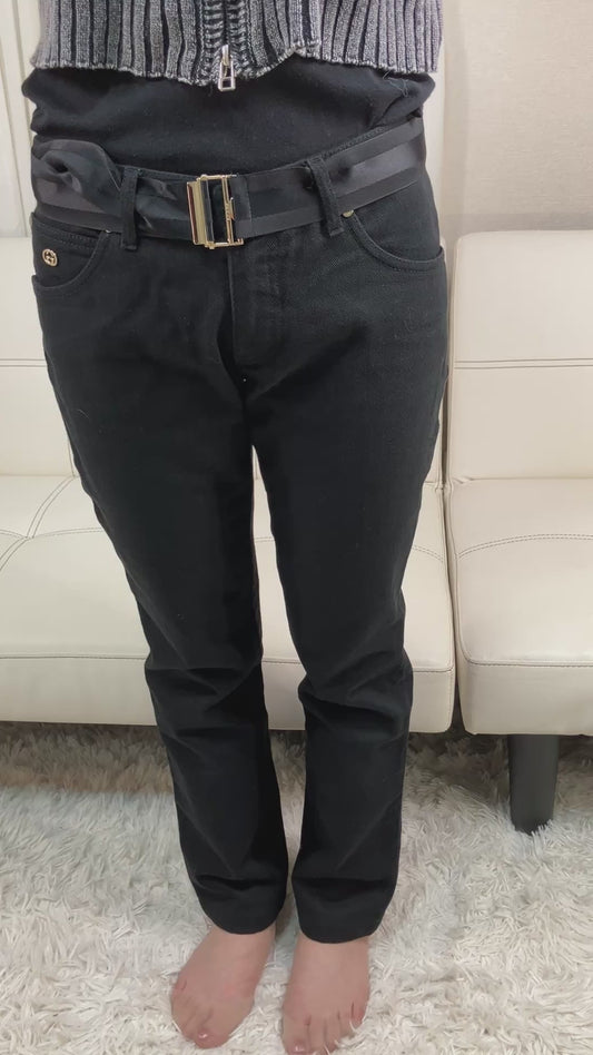 GUCCI Black Cotton Pants GG Logo Satin Belt Size 38 Women's Made in Italy