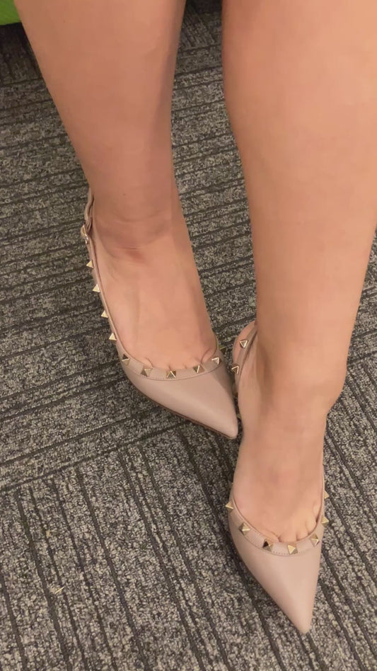 VALENTINO GARAVANI Rockstud Leather Slingback Pumps Nude Beige EU 37.5 Made in Italy Heel 9cm