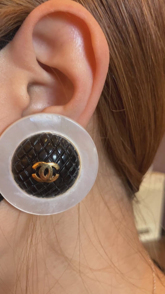 CHANEL Coco Mark Clip Earrings Large 40mm Gold Black Vintage Parts