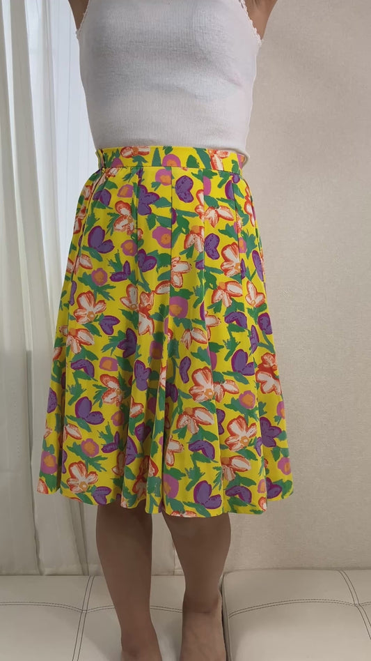 BALENCIAGA Paris Floral Print Flare Skirt Size 38 Yellow Polyester Japan