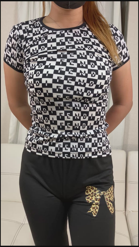FENDI Checker Logo Print Stretch Short Sleeve T-Shirt Top Women's Size 40 Italy