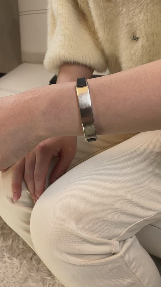 Gucci Silver Bracelet SV925 Black Rubber Band 17cm Unisex Authentic 925 Sterling Vintage Jewelry