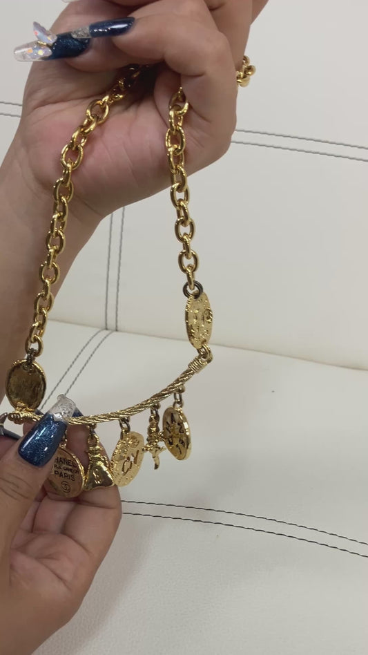 CHANEL Vintage Charm Necklace Gold Tone Coin Angel Perfume Pendant