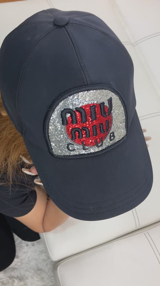 MIU MIU Club Glitter Logo Patch Nylon Baseball Cap Black Size S Italy